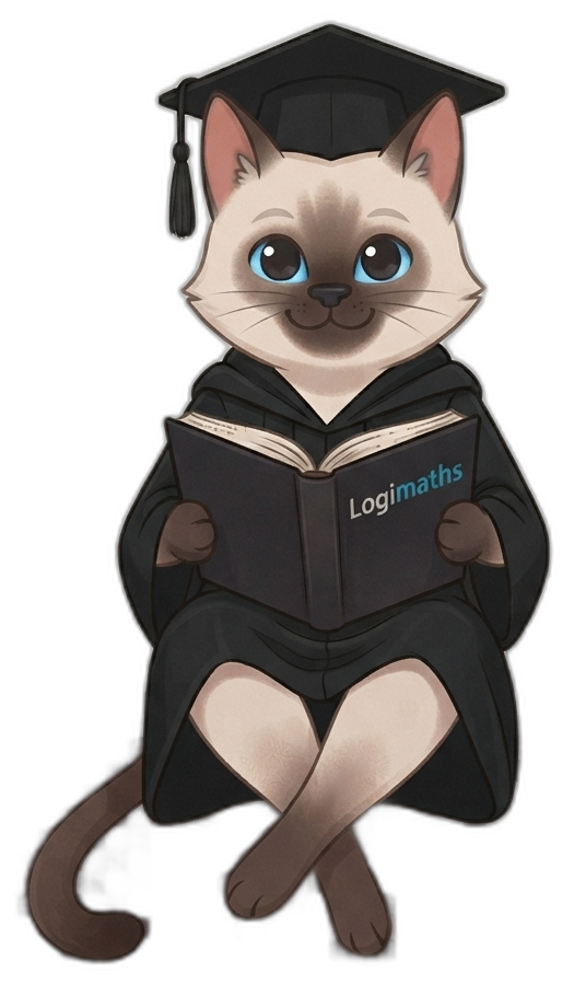 LOGIMATHS mascot sitting on the edge of the card, wearing a graduation gown
